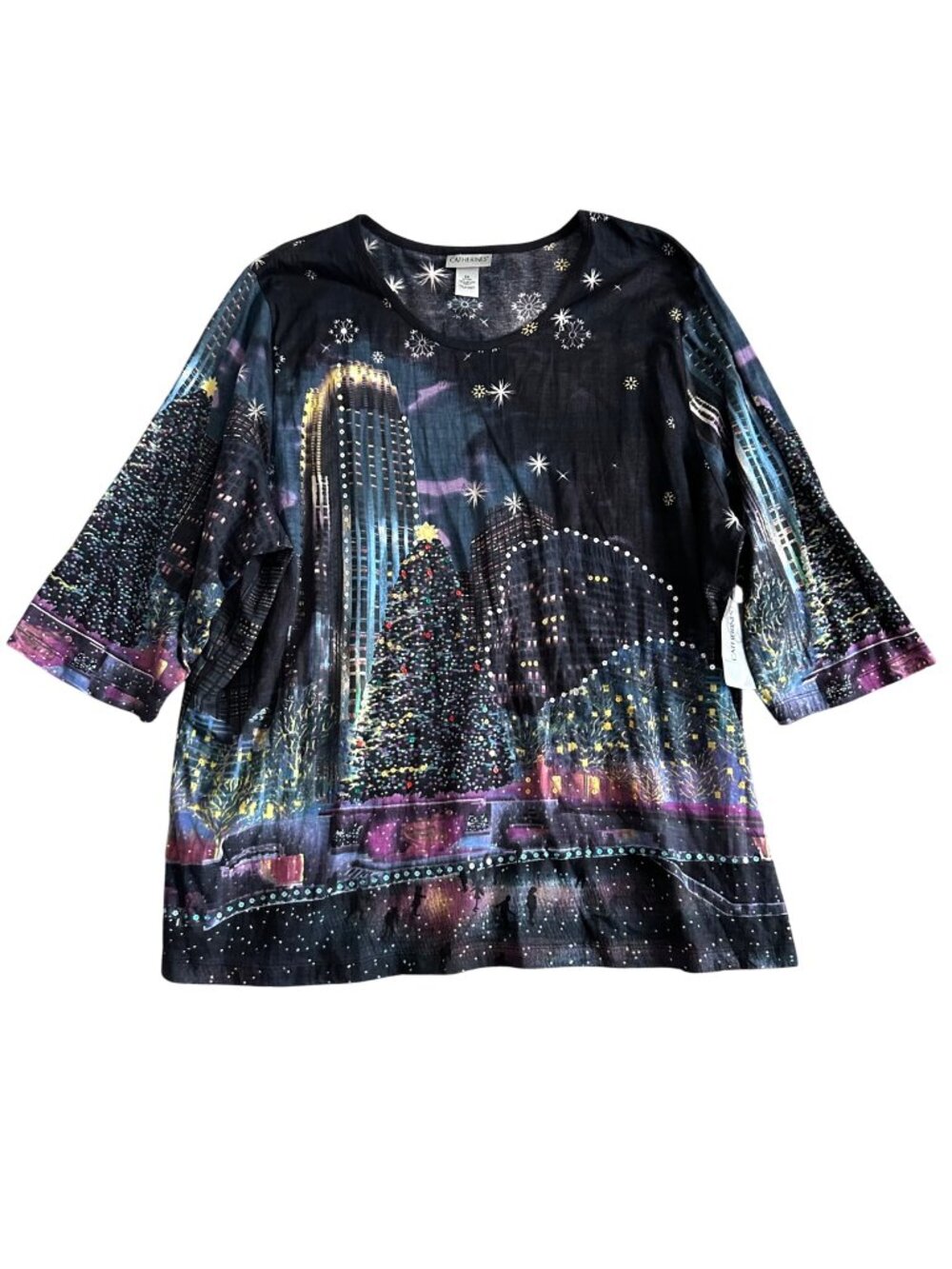 Catherines Women's Sz 2X Holiday Cityscape Embellished Cotton Top 3/4 Sleeve
